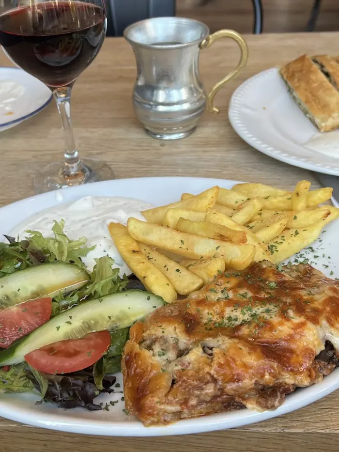 Lamb moussaka with chips & salad